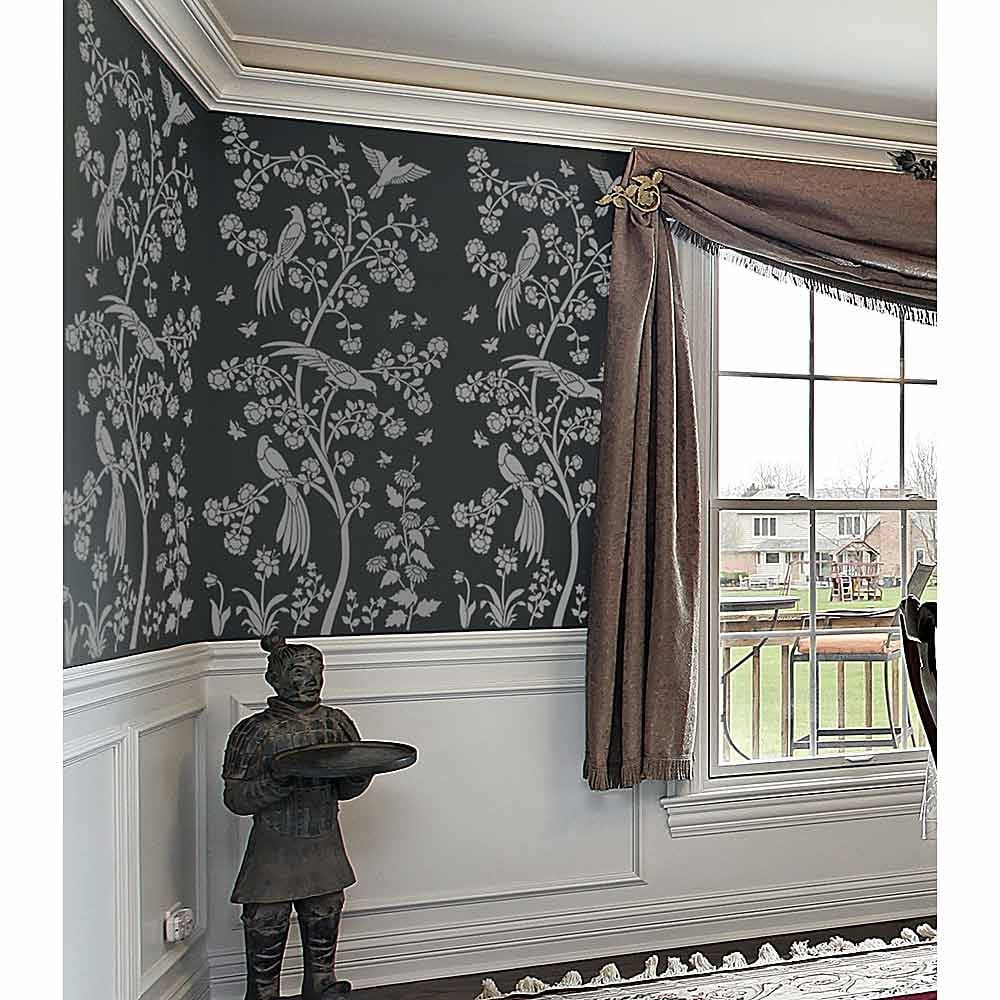 Chinoiserie stencil cutting edge stencils black dining room