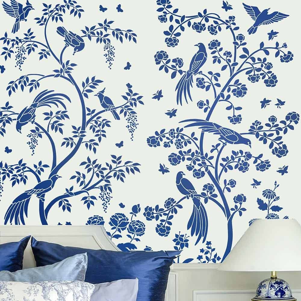 Chinoiserie stencil mural wallpaper blue wall