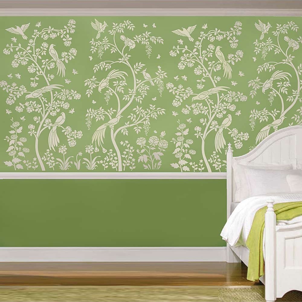 Chinoiserie wall mural stencil wallpaper Green bedroom