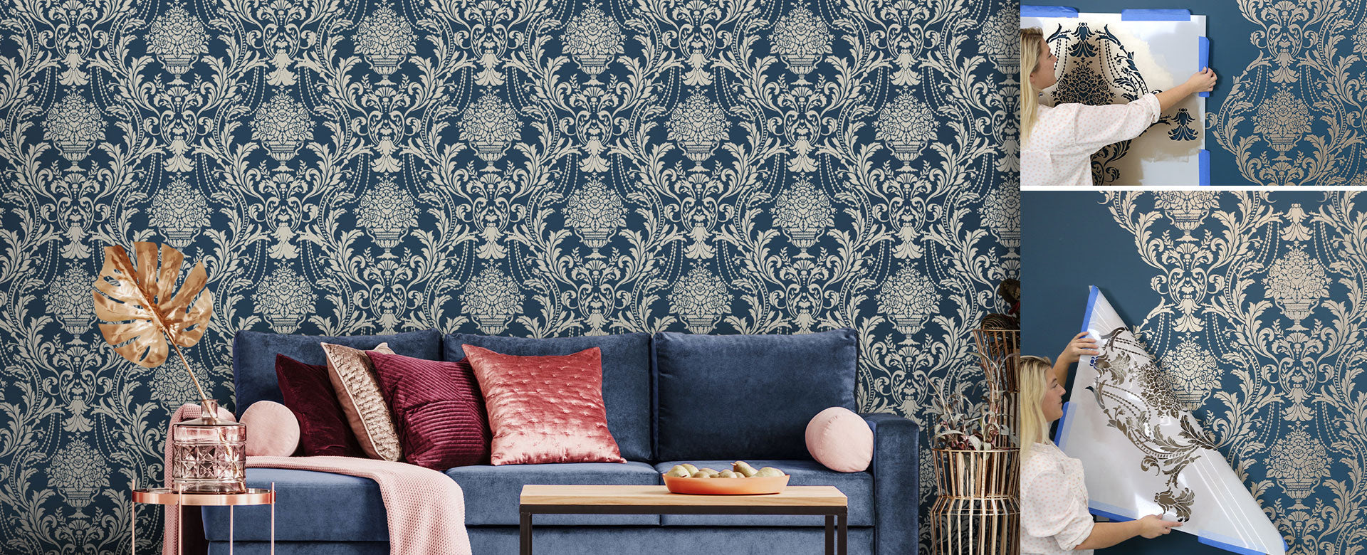 Blue damask stenciled wall in a living room