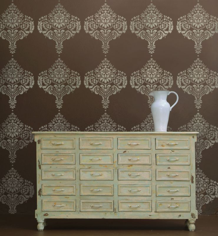 damask stencil brown wall