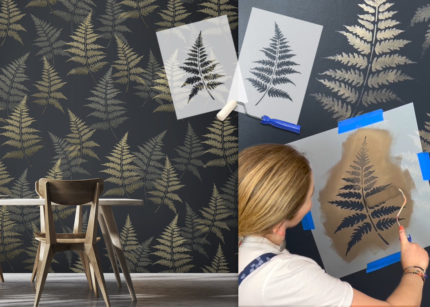 golden fern stencils on a dark moody wall