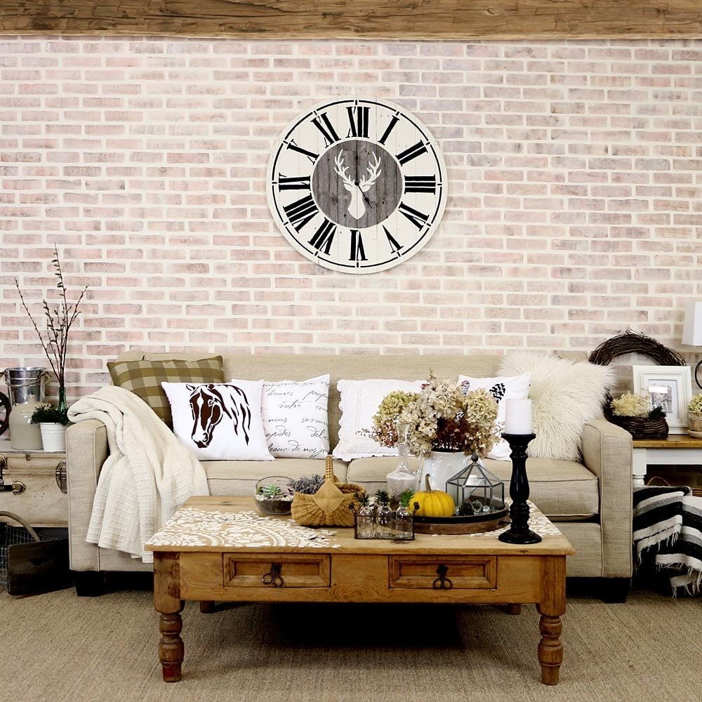 farmhouse rustic stenciled brick wall