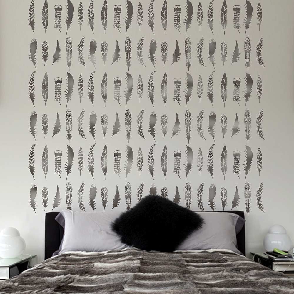 Feathers-wall-stencil-pattern-wallpaper-bird-feather