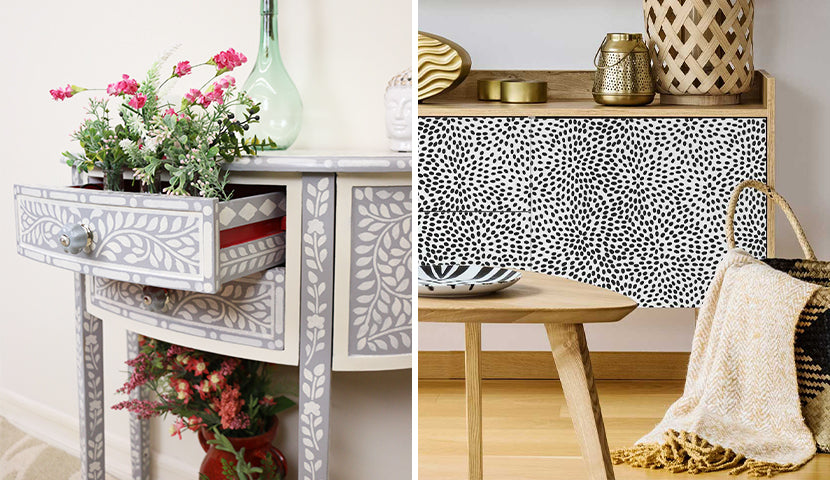 Stenciled furniture with inlay stencil designs