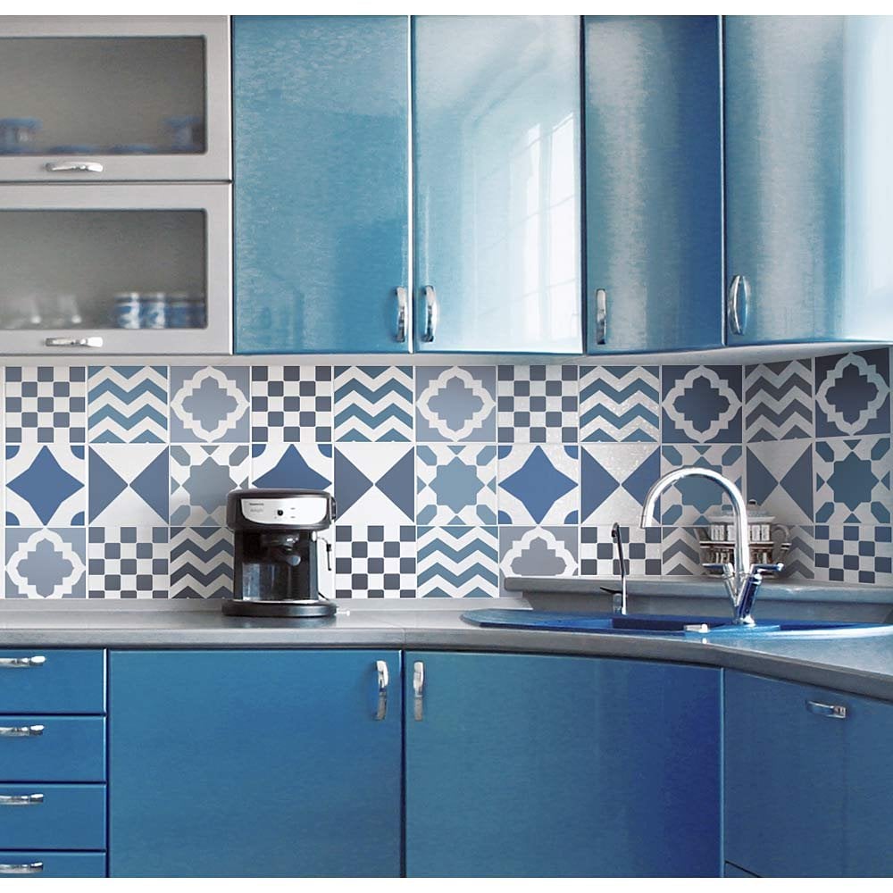 Geometric Tiles stencils kitchen Blue backsplash stencil