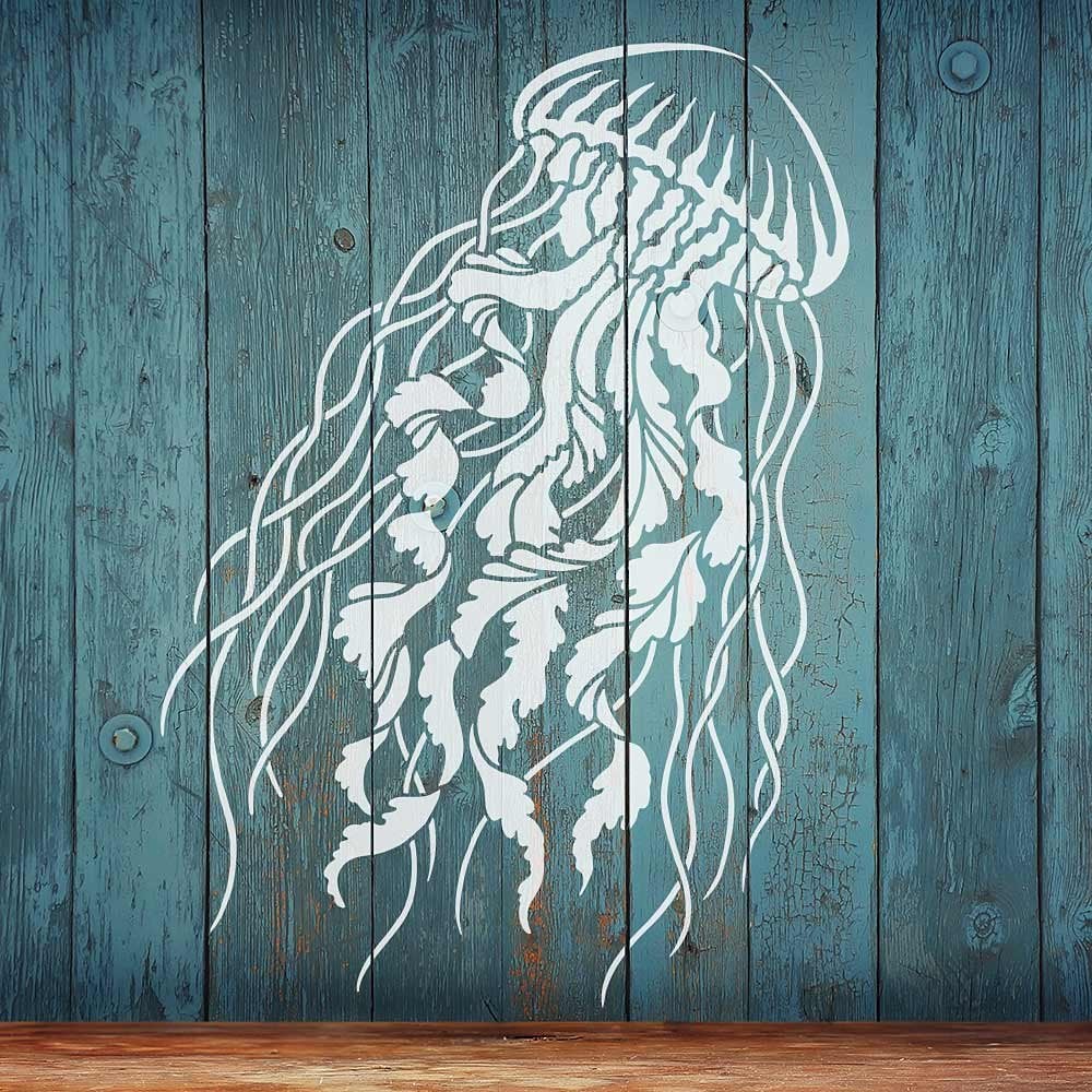 Jellyfish stencil reclaimed wood beach art large stencils nautical stencils