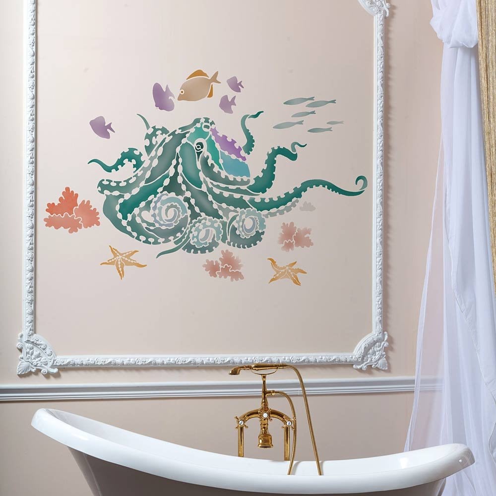 Octopus stencil coral wall design Nautical wall decals beach decor bath wall decor