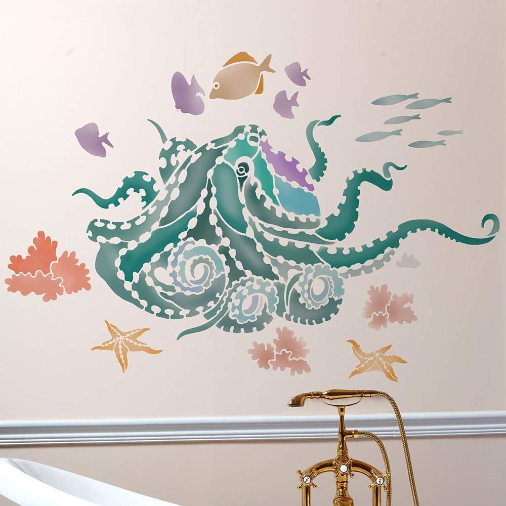 Octopus stencil coral reef scene nautical wal decor stencils