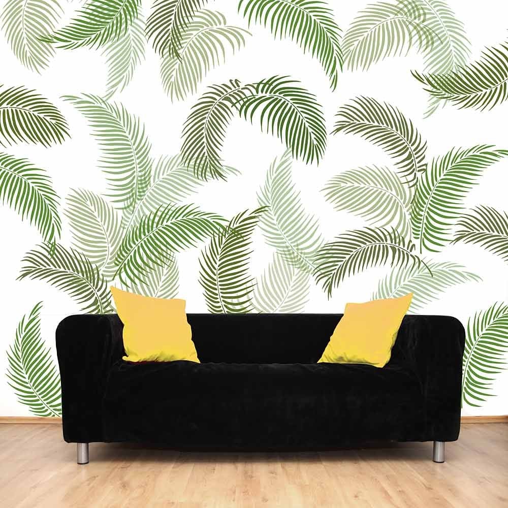 Palm leaf stencil on white wall green wall stencil