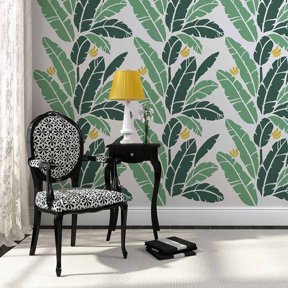 Palm leaf wallpaper stencil martinique print banana leaves pattern