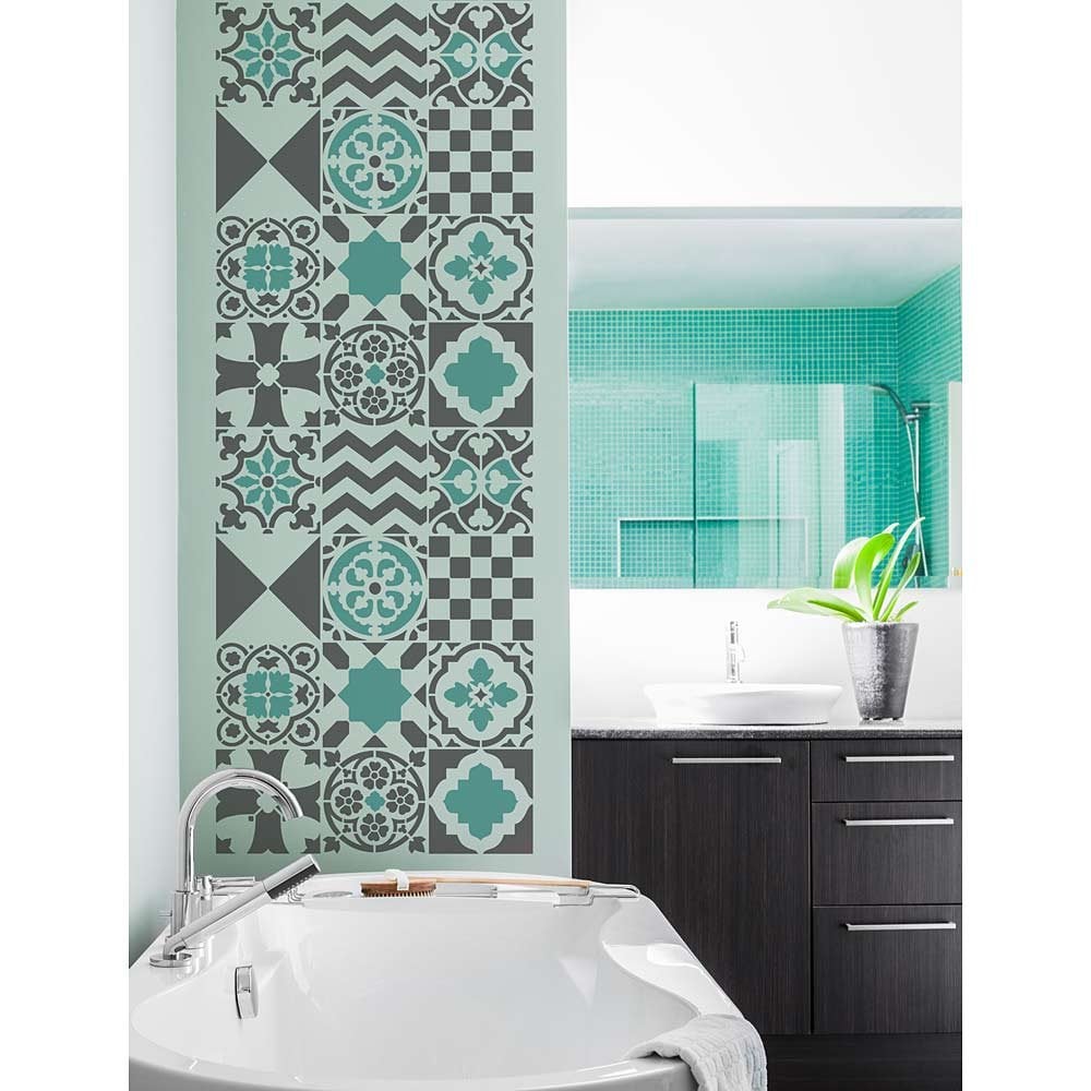 Patchwork Tiles stencil for walls bathroom mixed tiles design