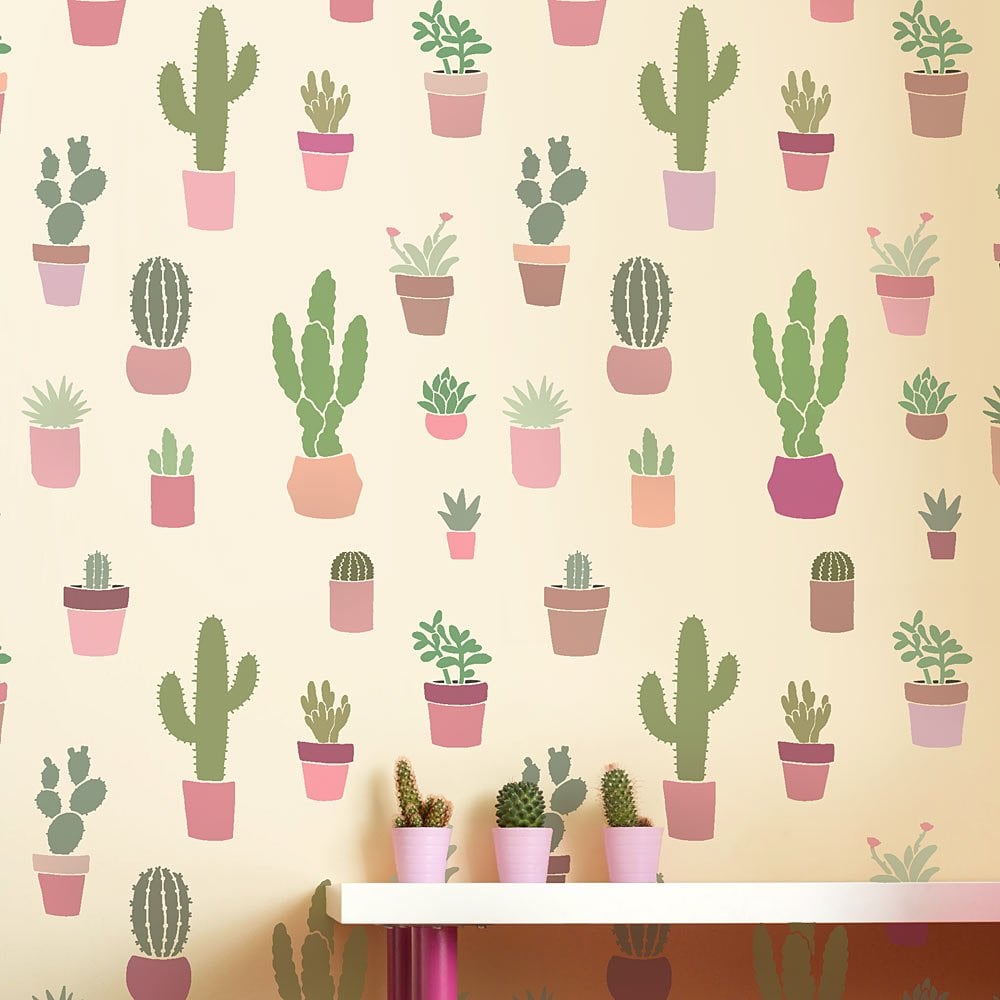 Pink cactus stencil cactuses stencils for nursery cacti wallpaper