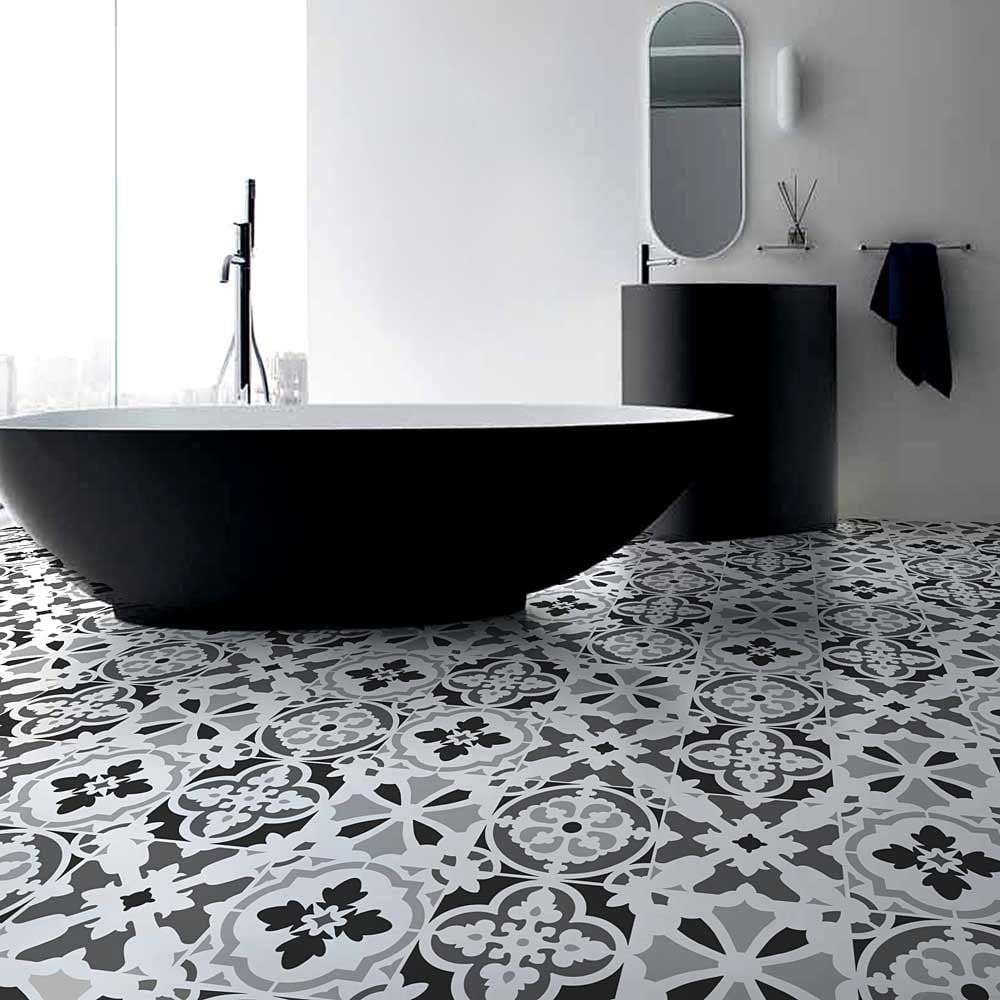 Portuguese Tiles stenciled bath floor patchwork tiles grey minimalistic bathroom