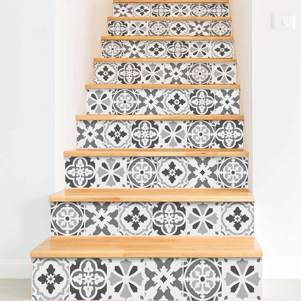 Portuguese Tiles stencils painted stair staircase stencil tile