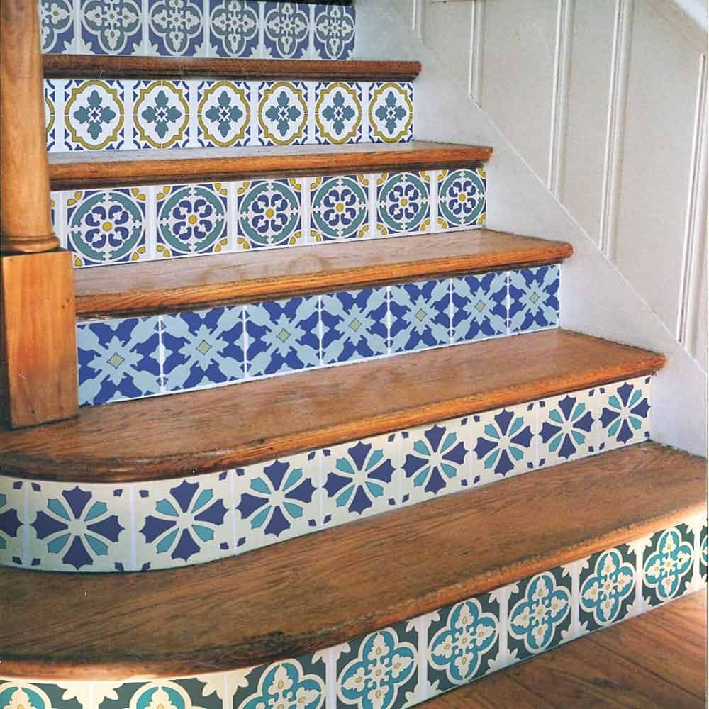 Portuguese tiles stenciled Stairs mixed tile design