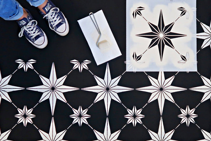 black and white star tile stenciled floor