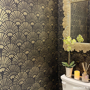 Glam Art Deco Stencil on a black wall in a bathroom