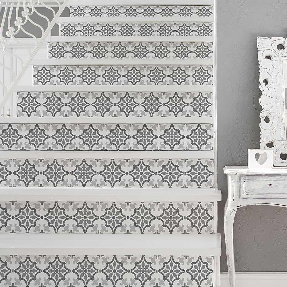 Stenciled painted staircase tile stencils