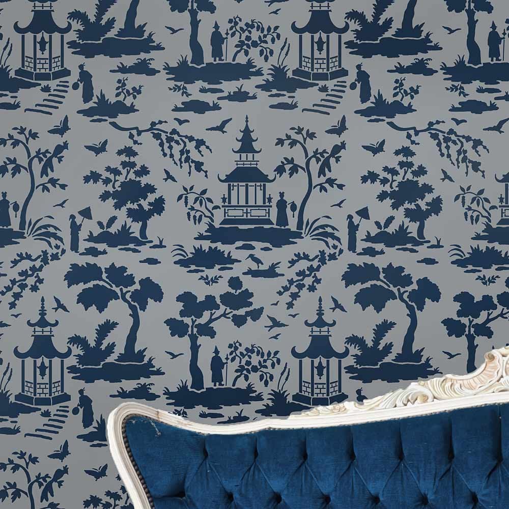 Toile stencil chinnoiserie scenes wallpaper