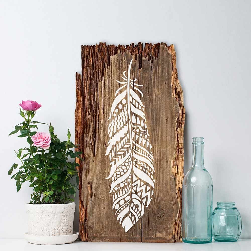 Tribal Feathers Stencils Stenciled Reclaimed Old Wood