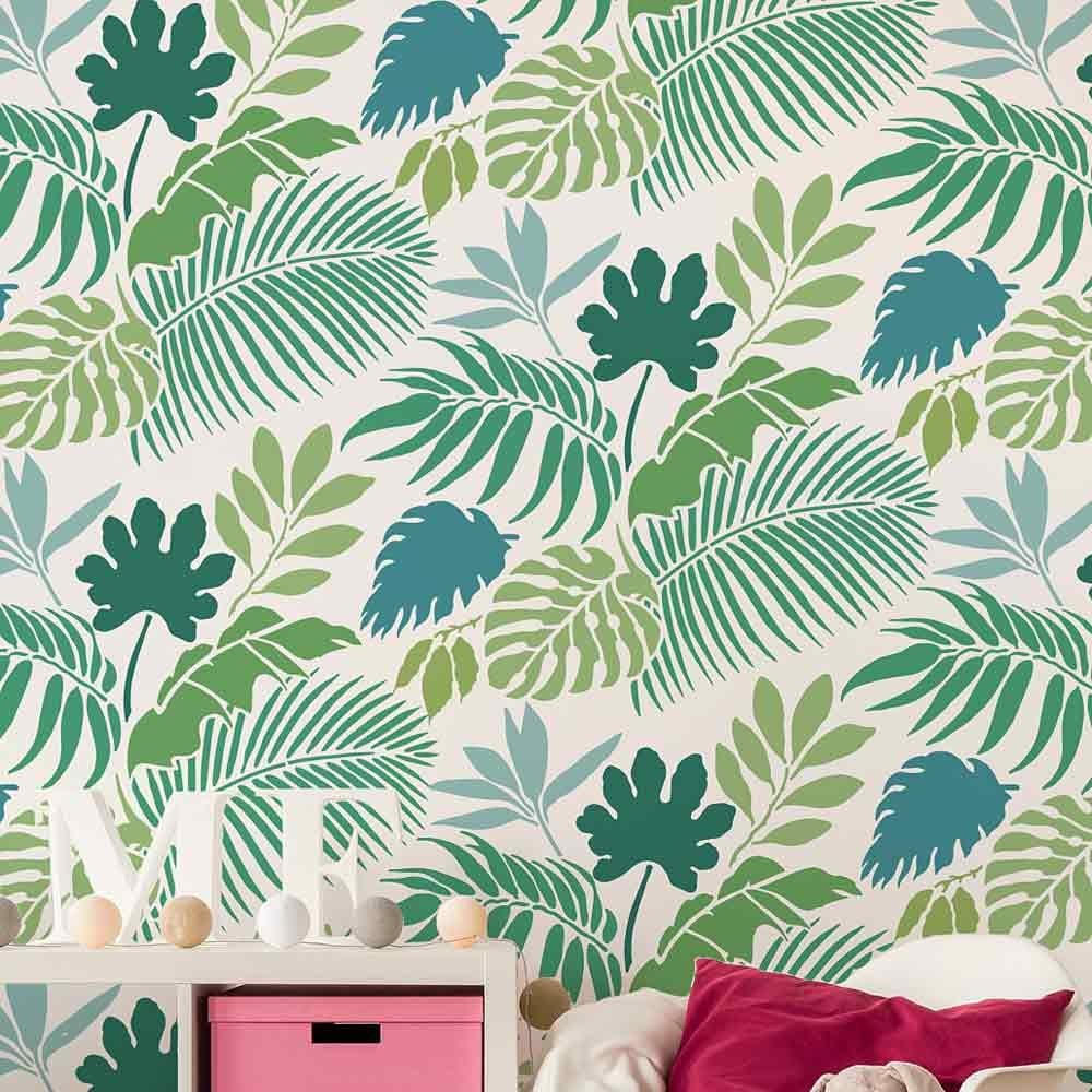 Tropical Leaf stencil palm leaf wallpaper jungle foliage pattern wall design