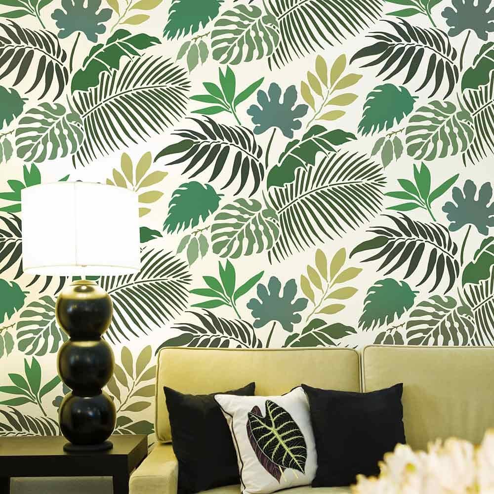 Tropical stencil leaf-stencils palm leaves wallpaper print