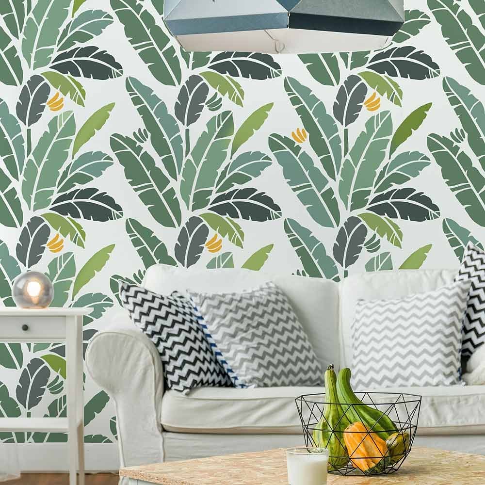 Tropical wallpaper stencil martinique banana leaf print palm wall pattern