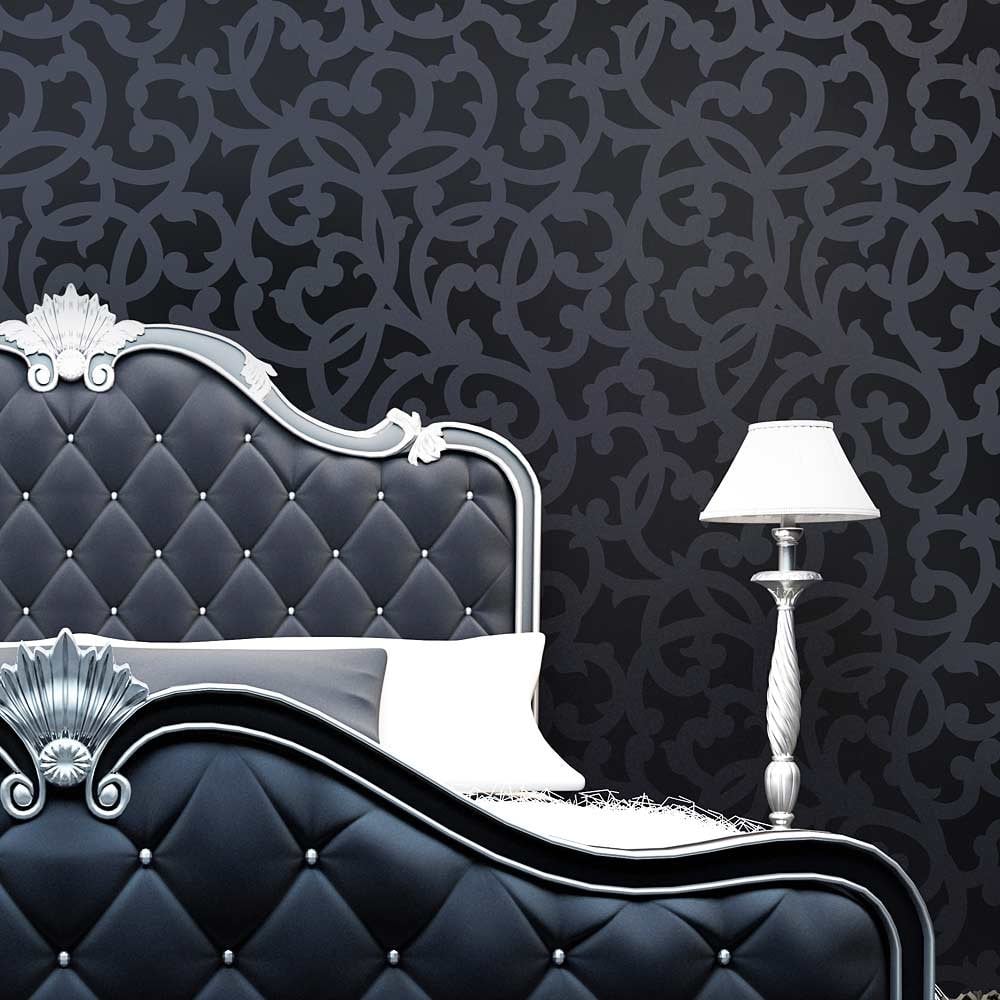 Venetian-Scroll-wall-stencils-dramatic-bedroom