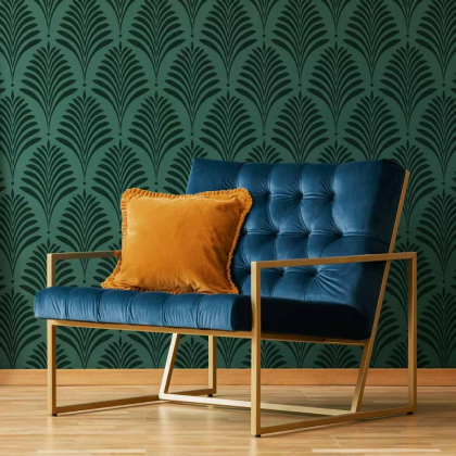 Dark green wall stenciled with Art deco stencil