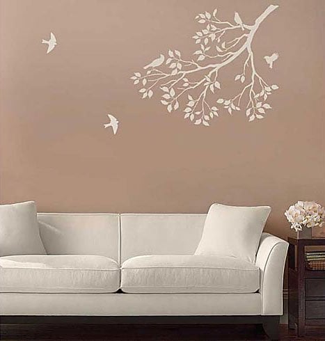 Wall Stencils Birds On a Branch neutral living room wall