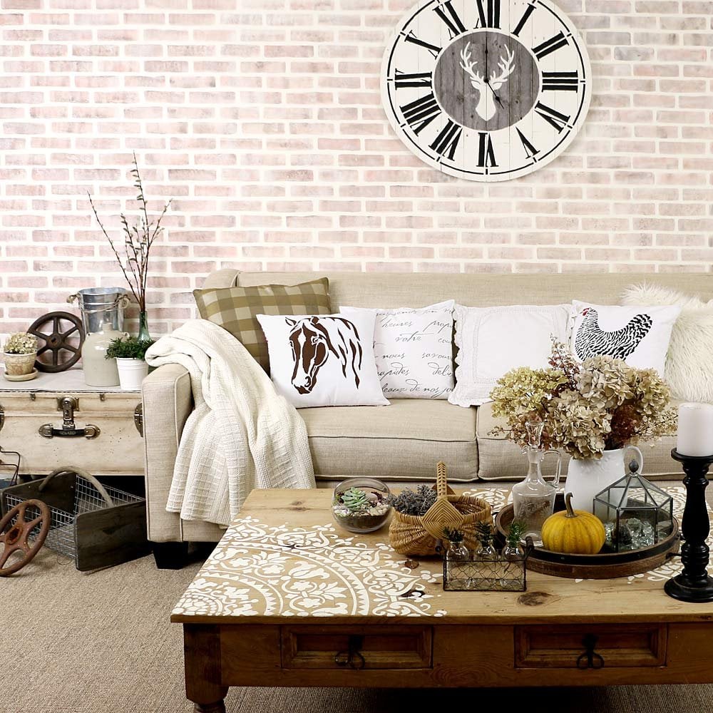 Washed bricks stenciled wall farmhouse 