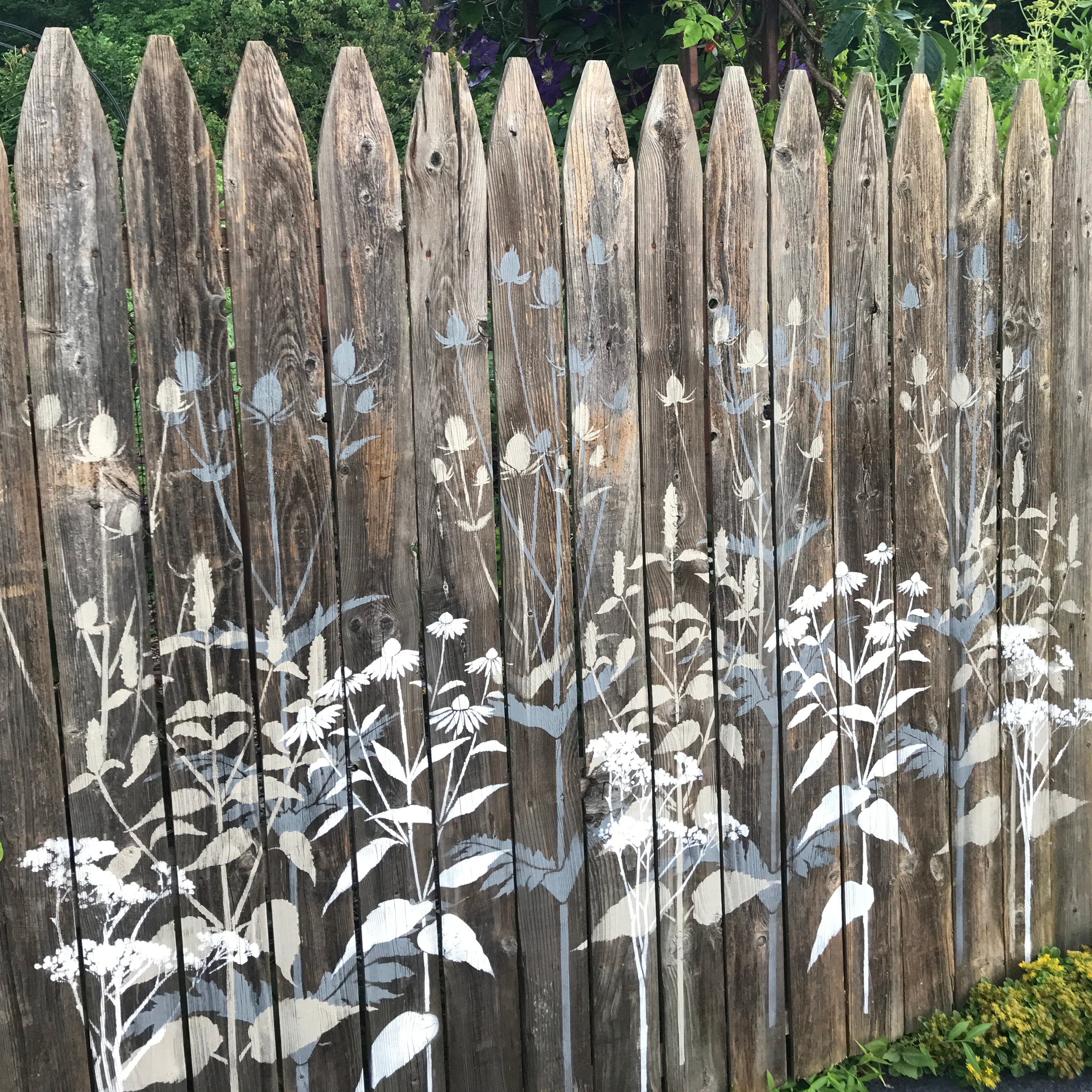 Painted wooden fence floral stencil mural