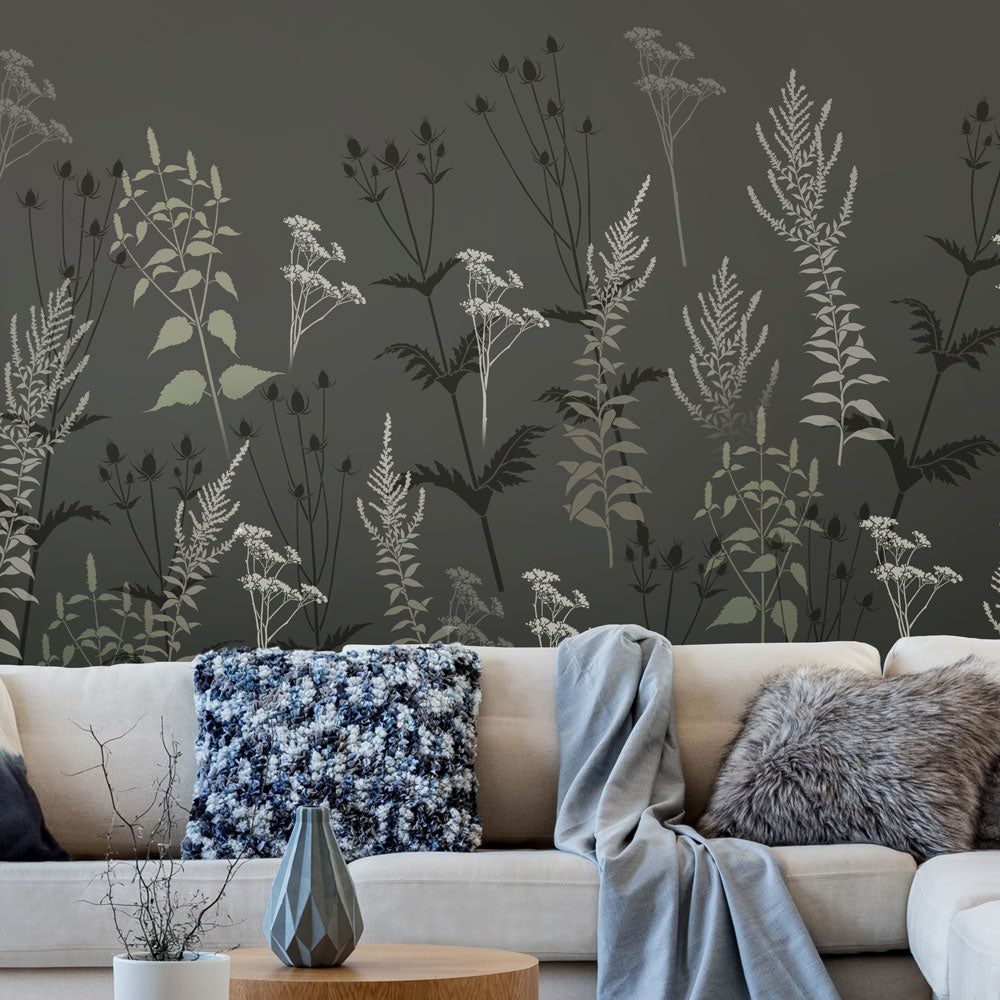 Large wild botanical stencils on a dark and moody wall