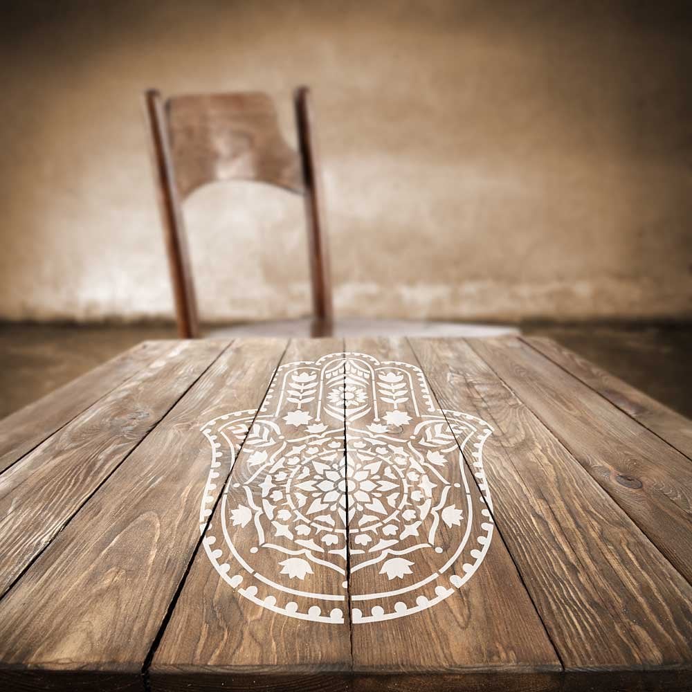 Wood table Hamsa Hand stencil