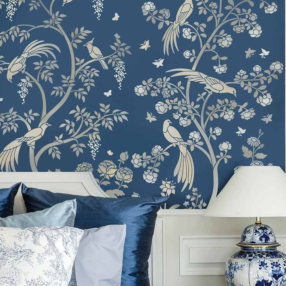 Chinoiserie wallpaper stencil wall mural oriental blue bedroom