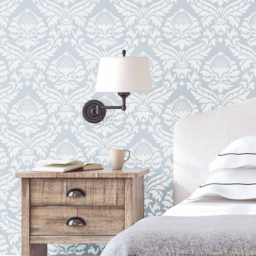 Abundance damask bedroom wall stencil in white