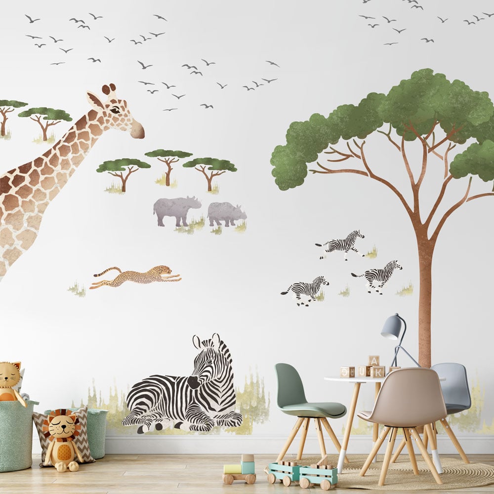 African Savannah Mural Stencil Animal stencils nursery kids room cheetah rhino giraffe zebra safari