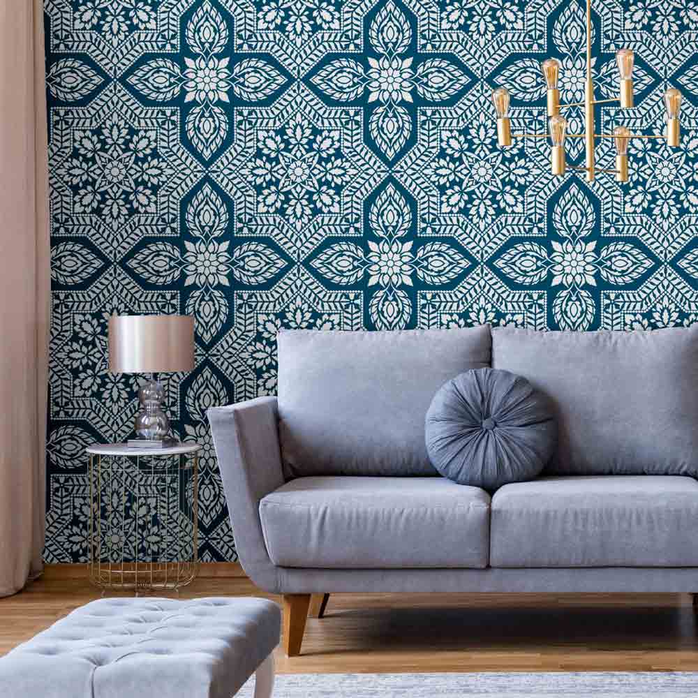 Alhambra Tile Stenciled Modern 
Living Room Wall