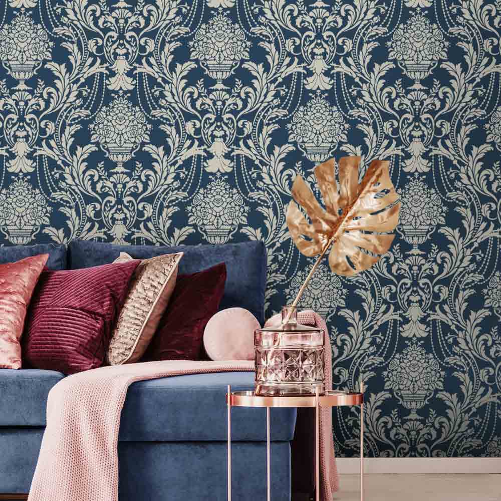 Anastasia Damask Living Room Wall Stencil in Metallic on navy