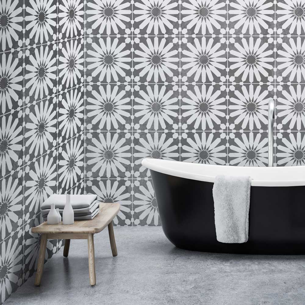 grey and white bathroom tile daisy stencil