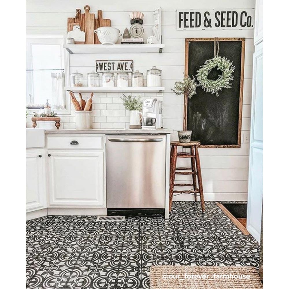 farmhouse kitchen stenciled tile