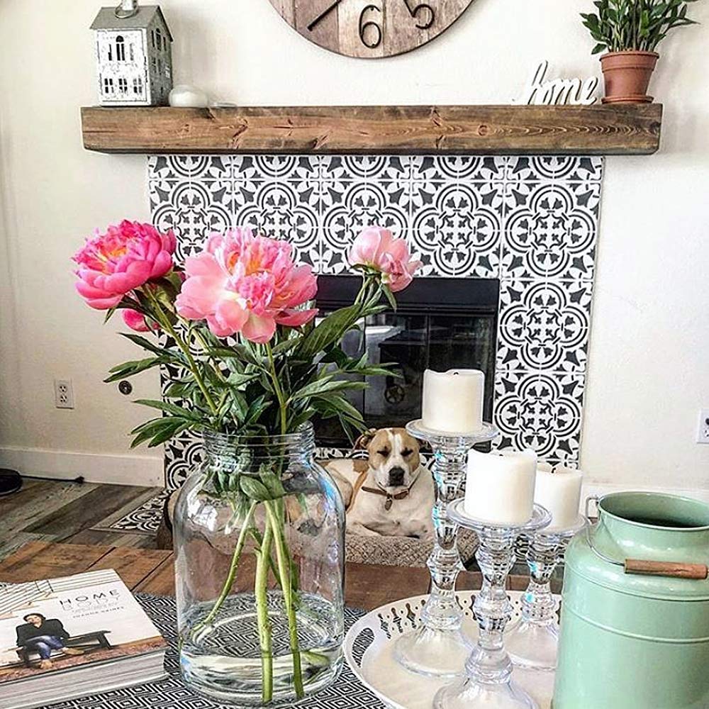 stenciled tile fireplace farmhouse