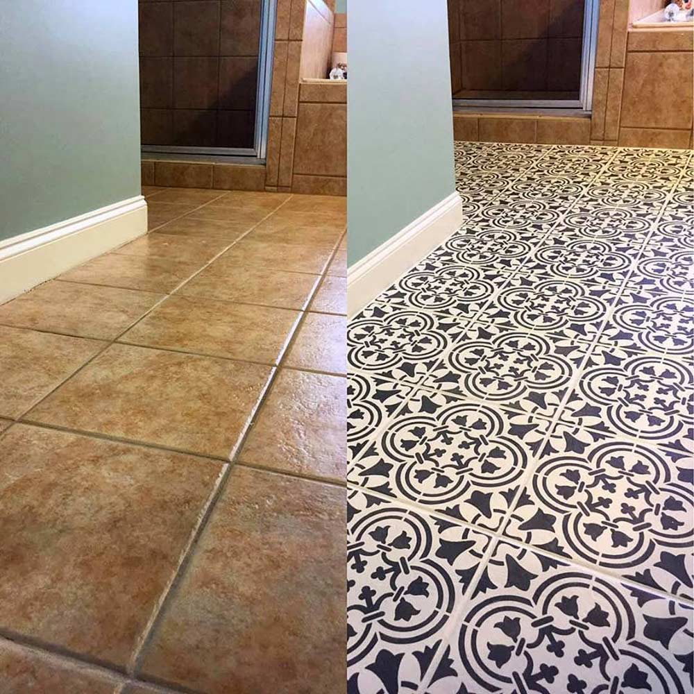 Before after stenciled tile floor