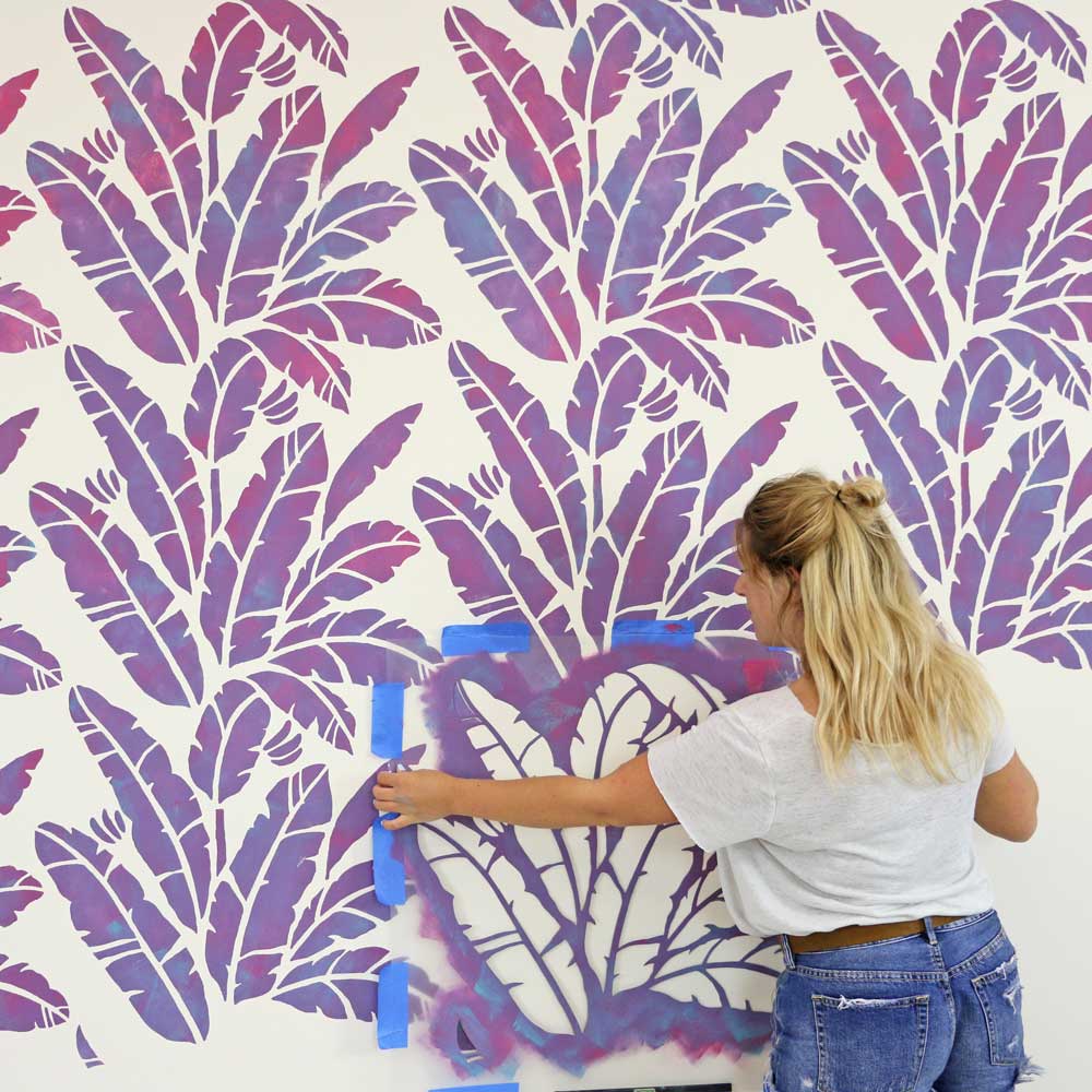 Vibrant Tropical Banana Leaf Stenciled Wall