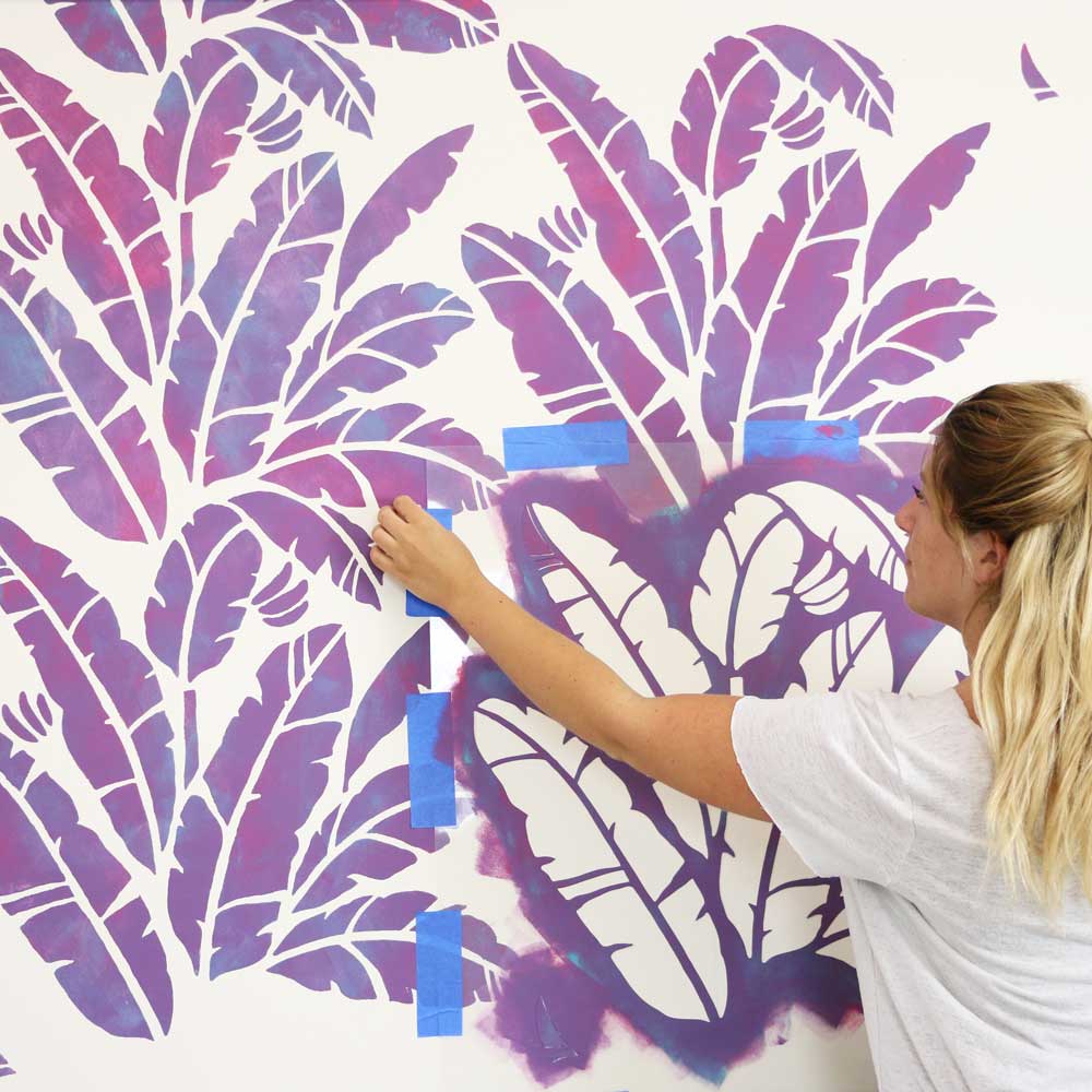 Vibrant Tropical Banana Leaf Stenciled Wall