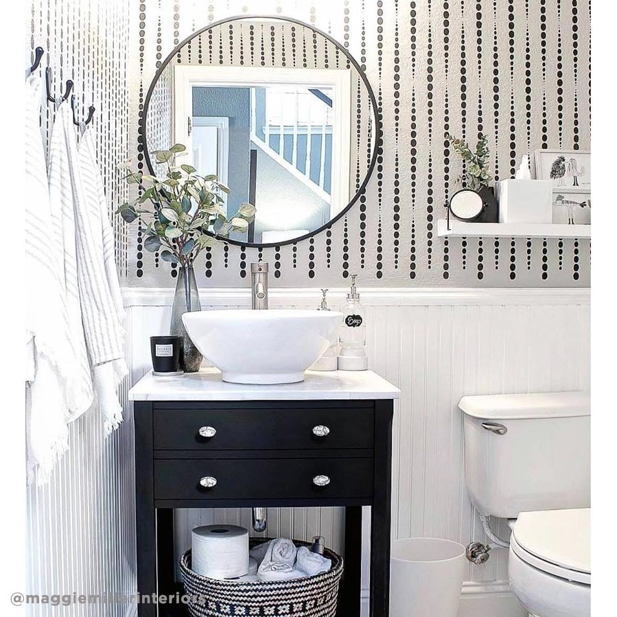 stenciled bath wall black and white beads wall stencil round mirror