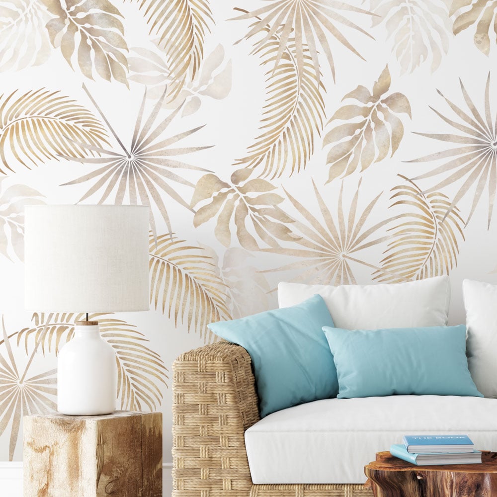 bermuda breeze tropical leaves stencil in beige