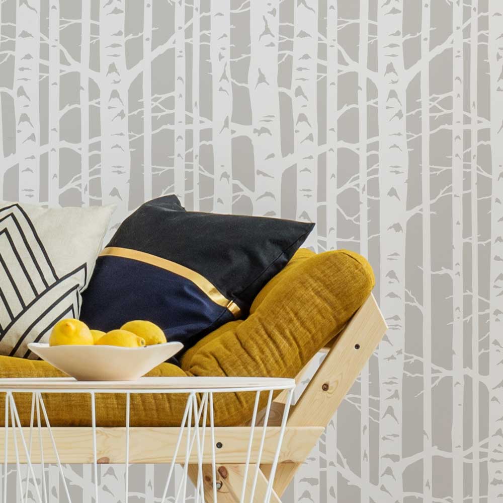 Birch Forest Wall Stencil grey stencil design seating area livingroom