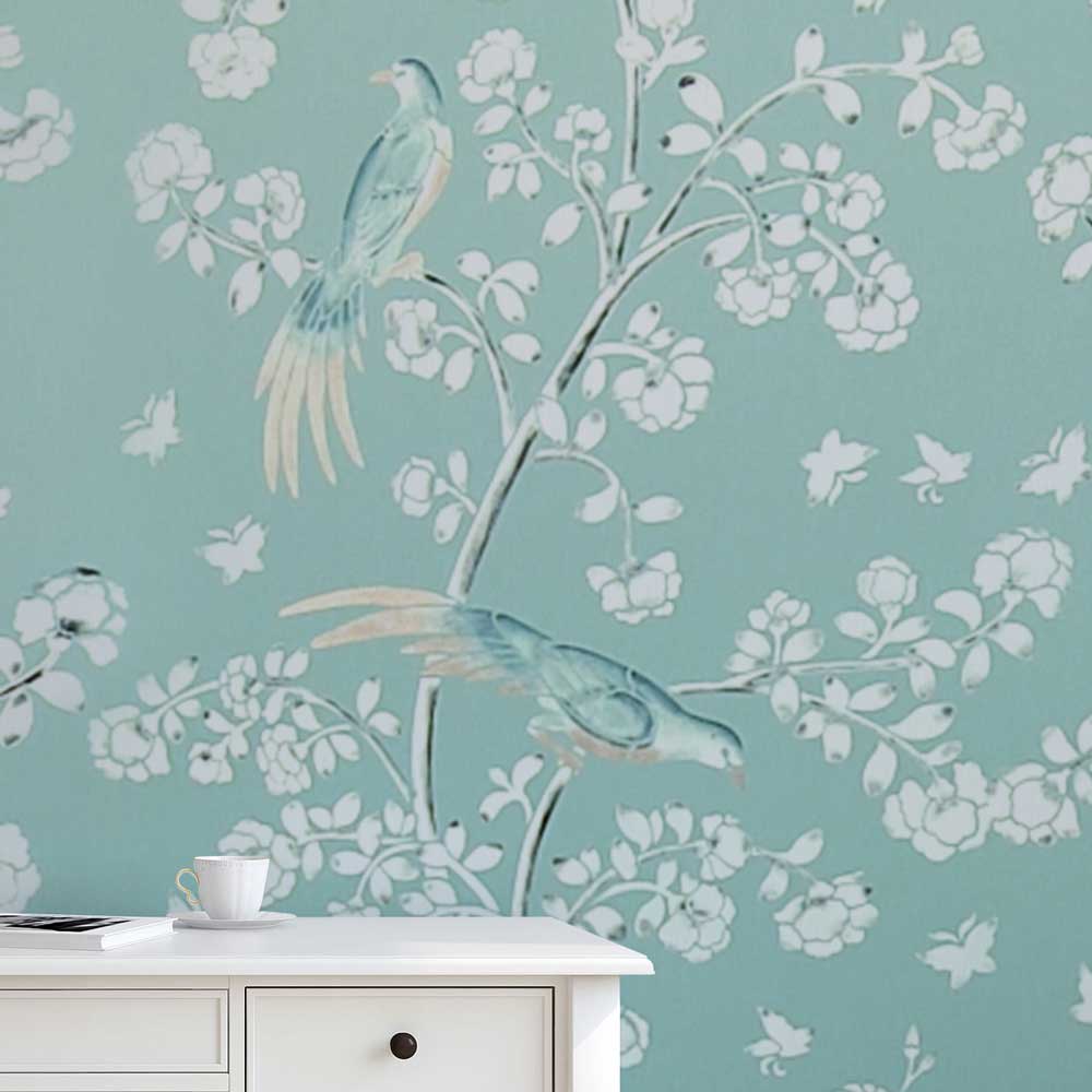 Birds and roses chinoiserie wall mural stencil